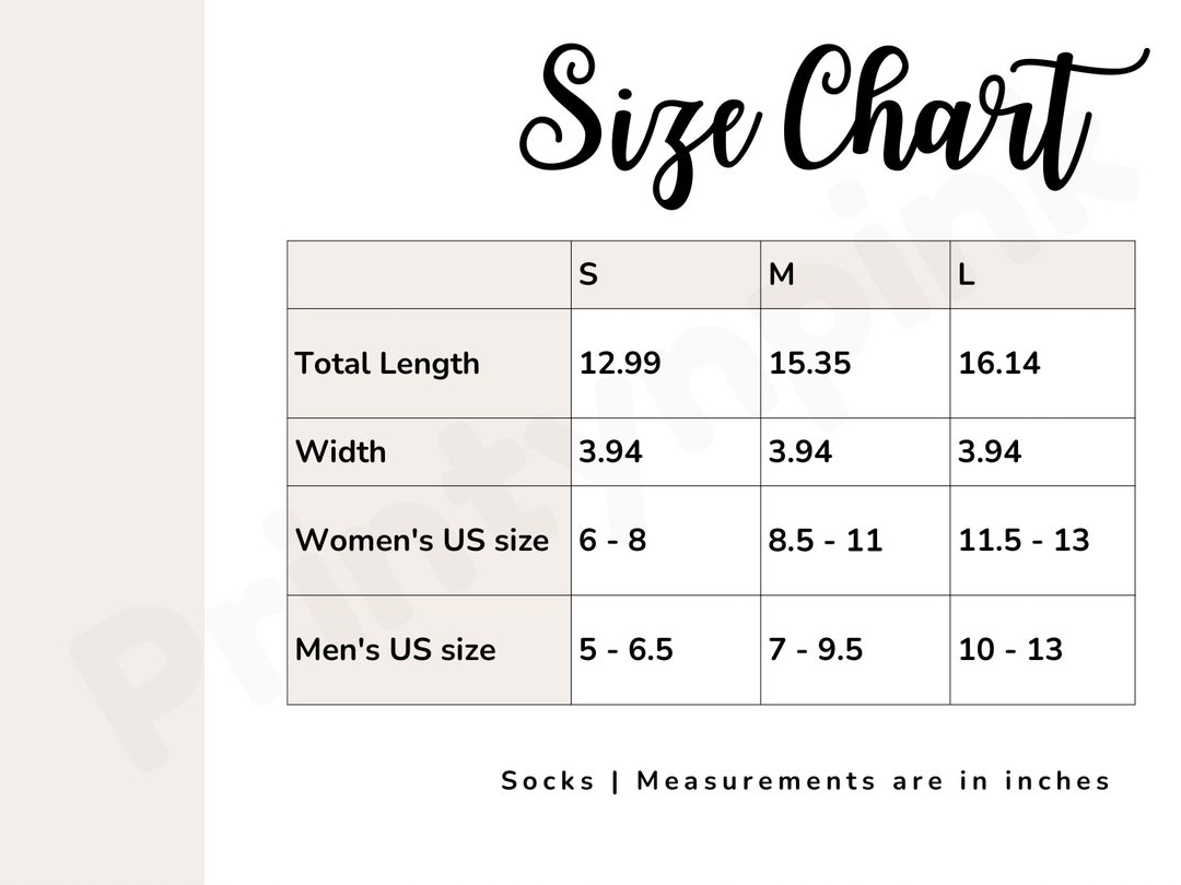 Socks Size Chart, Print on Demand Socks Size Chart, Sublimation Socks