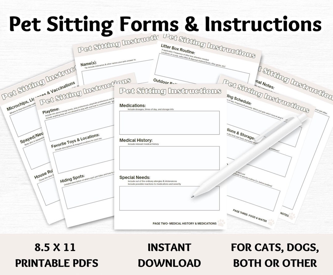 Pet Sitting Planner, Pet Sitter Instructions, Pet Sitter Form, Pet