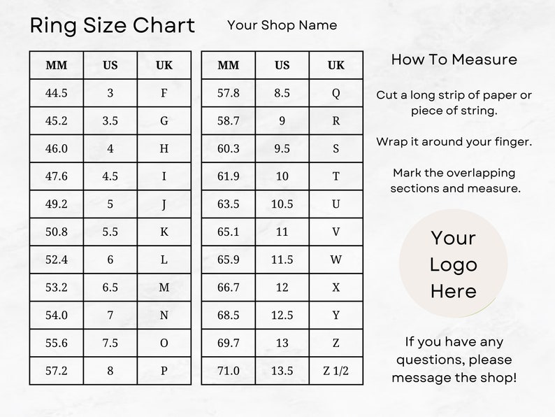 Custom Ring Size Chart, for Ring Sizing, Editable Ring Sizer, Size