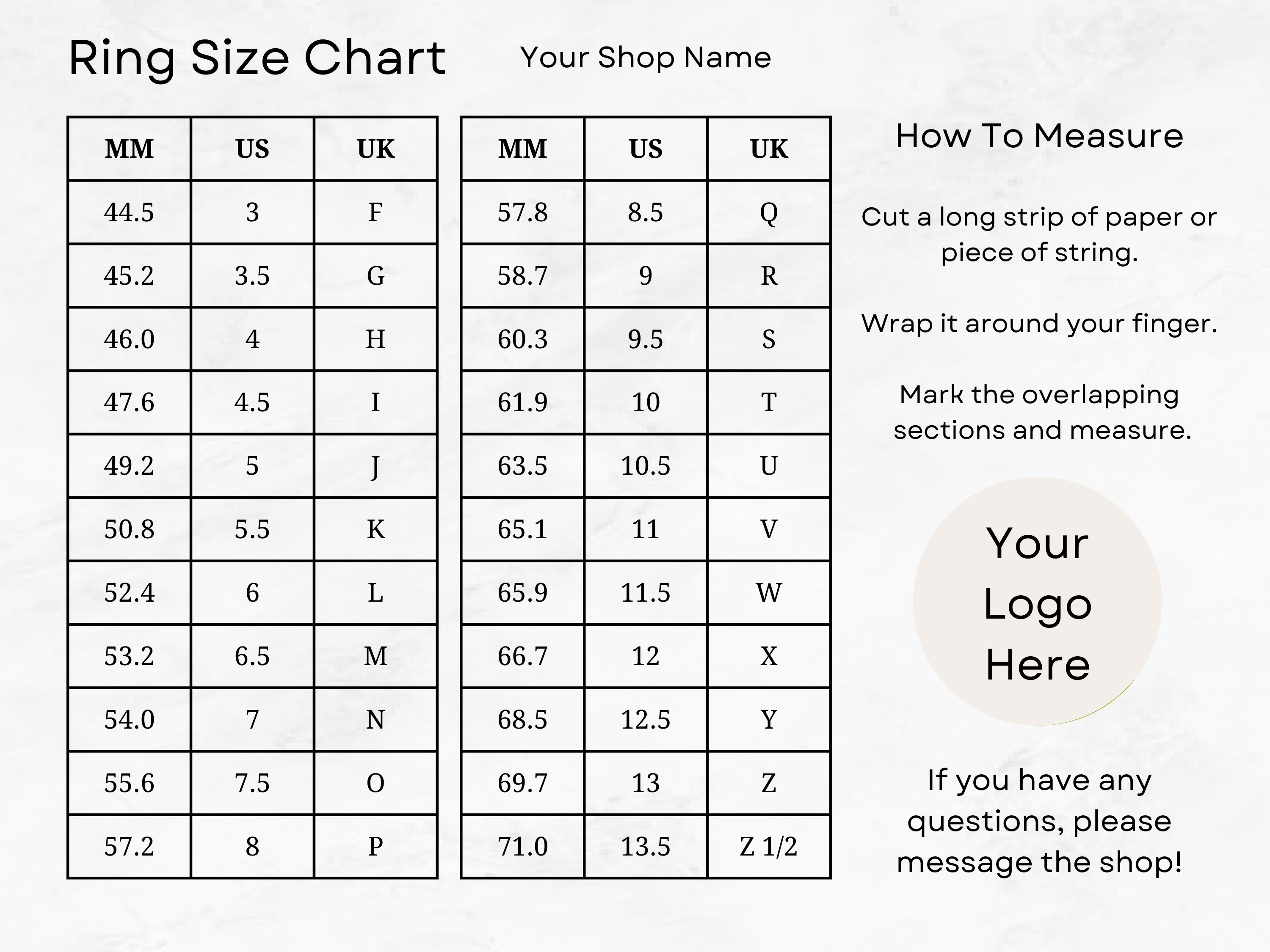 Custom Ring Size Chart, for Ring Sizing, Editable Ring Sizer, Size