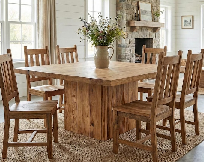 Reclaimed Oak Square Pedestal Dining Table •  Handmade Farmhouse Dining Furniture