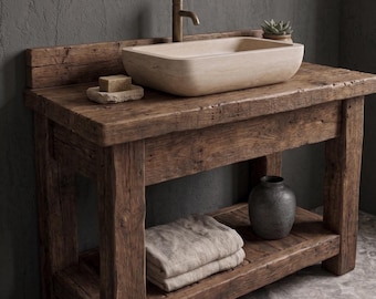 Reclaimed Oak Wood Bathroom Vanity • Farmhouse Rustic Vanity