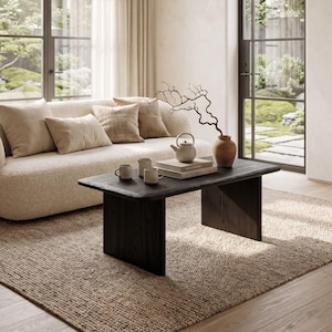 May include: A cream-colored curved sofa with four beige throw pillows, positioned behind a rectangular black wooden coffee table. The table holds two small mugs, a white teapot, a stack of books, and a vase with a bare, twisted branch.