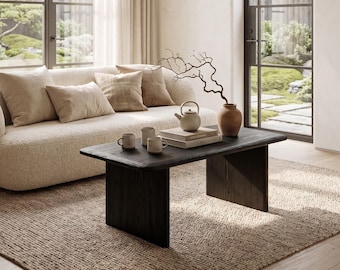 Black Solid Oak Coffee Table | Japandi Organic Modern Center Table