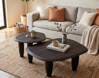 Solid Oak Wood Dark Brown Coffee Table Set • Living Room Handmade Furniture