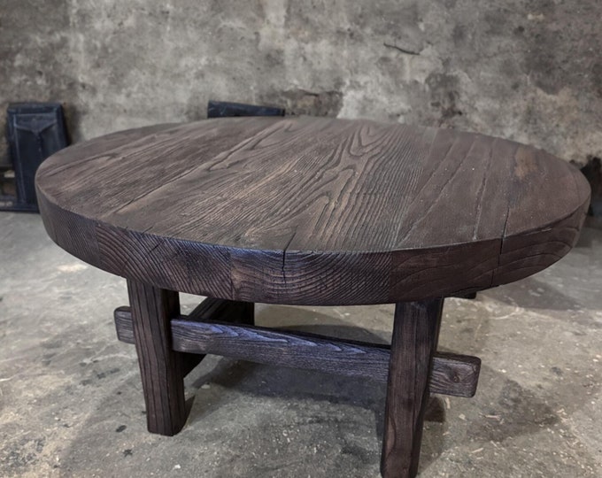 Unique Rustic Round Dark Coffee Table • Reclaimed Wood Side Table