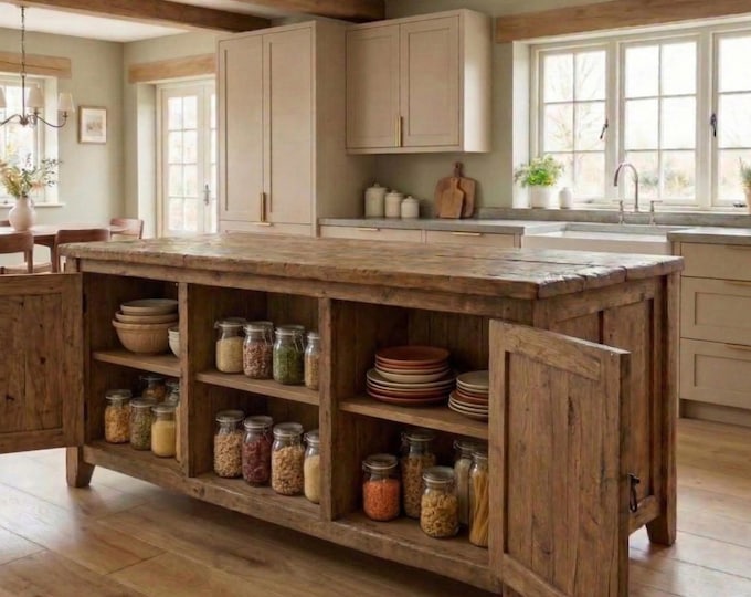Reclaimed Oak Kitchen Island – Rustic Farmhouse Solid Wood Island with Storage