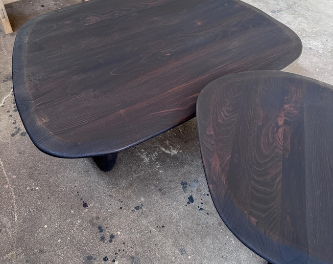 Solid Oak Wood Dark Brown Coffee Table Set • Living Room Handmade Furniture