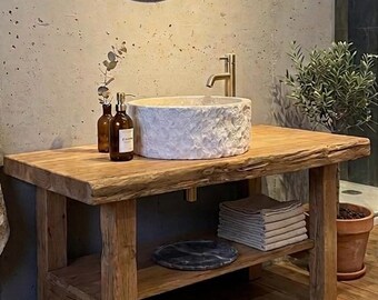 Rustic Travertine Vessel Sink Handcrafted Round Marble Washbasin
