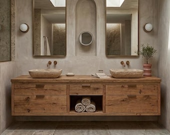 Floating Reclaimed Wood Double Vessel Sink Vanity with Drawers