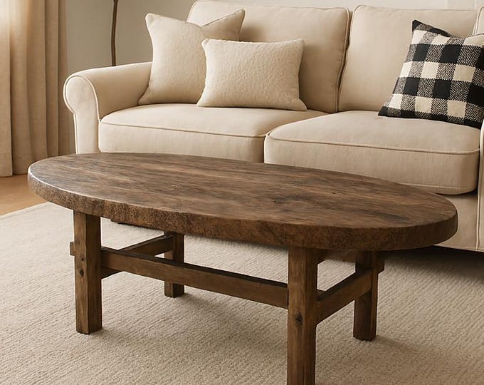 Rustic Oval Oak Coffee Table • Reclaimed Handmade Living Room End Table