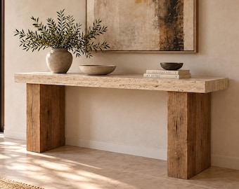 Custom Travertine Console Table | Rustic Wood & Natural Stone Entryway Table | Wabi-Sabi Hallway Desk | Organic Modern Narrow Sofa Table