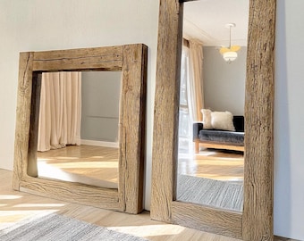 Handmade Reclaimed Oak Wood Wall Mirror • Rustic Entryway Decor