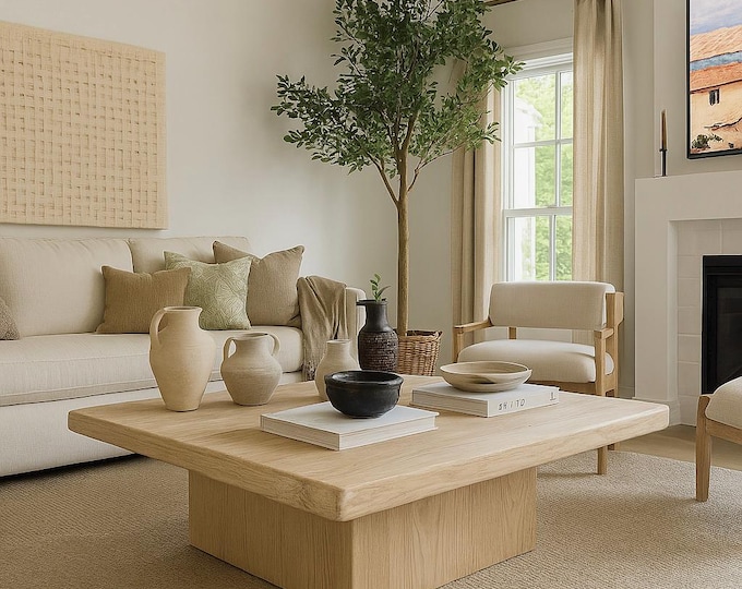 Reclaimed Square Coffee Table with Square Pedestal Base • Handmade Wabisabi Furniture