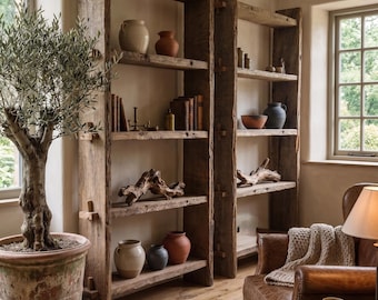 Reclaimed Wood Bookcase, Rustic Oak & Chestnut Shelving Unit, Custom Bookshelf