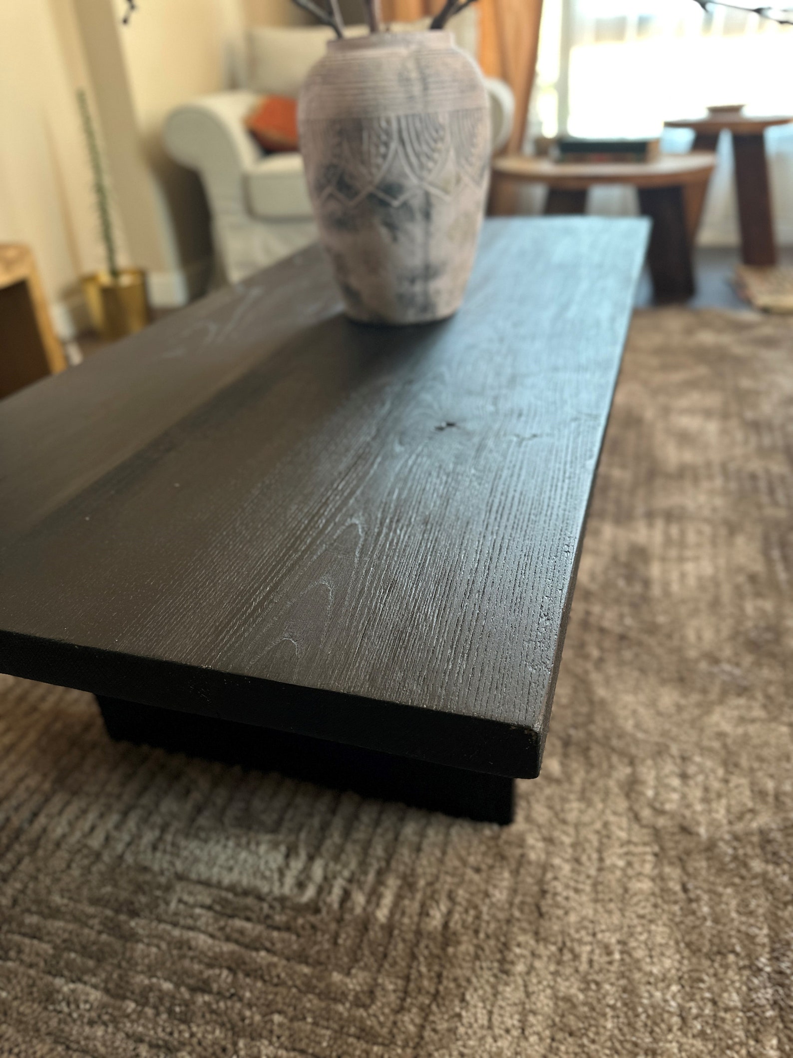 RECLAIMED WOOD SOLID BLACK COFFEE TABLE  WITH UNIQUE SOLID WOODN BASES main image 1