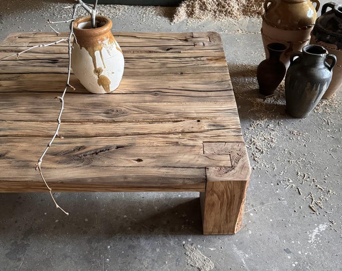 Rustic Reclaimed Barn Beam Oak Coffee Table •  Handmade Large Wood Coffee Table
