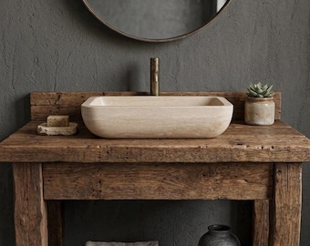 Rustic Travertine Vessel Sink Handcrafted Soft-Rectangle Marble Washbasin