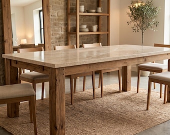 Reclaimed Oak Dining Table with Beige Marble Top, Organic Modern Stone Wood Dining Table, Rustic Luxury Kitchen Table, Custom Table