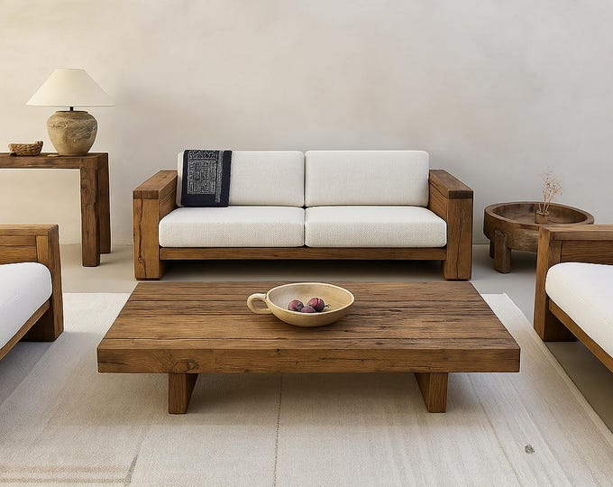 Rustic Barn Beam Oak Coffee Table •  Handmade Reclaimed Wood Low Coffee Table