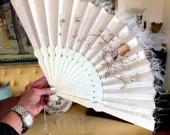 19th c. Antique Chinese Export Embroidered Silk Hand Fan with Ostrich Feathers and Lacquer Box