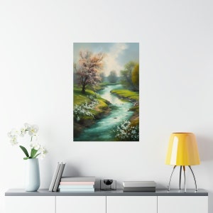 Belle oeuvre d'art peinte de paysage au printemps.