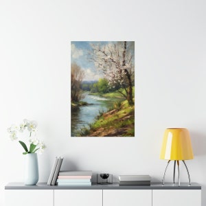 Belle oeuvre d'art peinte de paysage au printemps.
