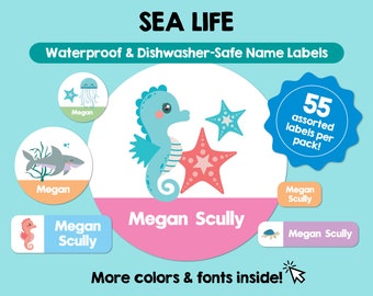 Etiquetas impermeables de criaturas marinas Etiquetas personalizadas Etiquetas de nombre de niño Etiquetas personalizadas aptas para lavavajillas Etiquetas lindas con nombres Guardería escolar