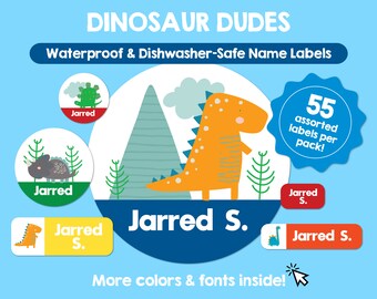 Boy Dinosaurs Etiquetas impermeables aptas para lavavajillas Etiquetas personalizadas Etiquetas de nombres para niños Etiquetas personalizadas aptas para lavavajillas Etiquetas adhesivas con nombres lindos