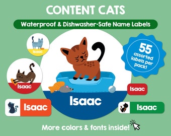 Etiquetas impermeables aptas para lavavajillas para gatos, etiquetas personalizadas, etiquetas con nombres de niños, etiquetas personalizadas aptas para lavavajillas, pegatinas con nombres bonitos para la escuela