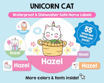 Etiquetas impermeables de gato unicornio, etiquetas personalizadas con nombre de niño, etiquetas personalizadas aptas para lavavajillas, pegatinas con nombre bonito, guardería escolar