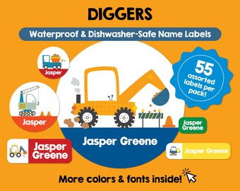 Diggers Construction Etiquetas impermeables aptas para lavavajillas Etiquetas personalizadas Etiquetas de nombres para niños Etiquetas personalizadas aptas para lavavajillas Pegatinas con nombres bonitos
