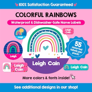 May include: Colourful rainbow-themed name labels featuring the name Leigh Cain. The labels are waterproof and dishwasher-safe. There are 55 assorted labels per pack.