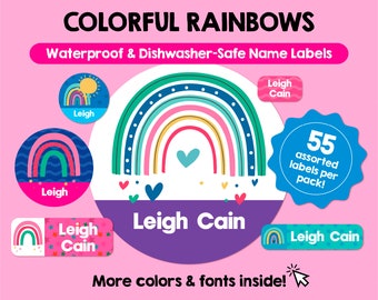 Etiquetas personalizadas aptas para lavavajillas, impermeables, arcoíris, etiquetas personalizadas, etiquetas con nombres para niños, etiquetas personalizadas aptas para lavavajillas, pegatinas con nombres bonitos, botella escolar