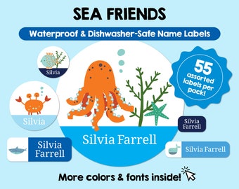 Etiquetas impermeables de animales marinos, etiquetas personalizadas con nombres de niños, etiquetas personalizadas aptas para lavavajillas, pegatinas con nombres bonitos, guardería escolar