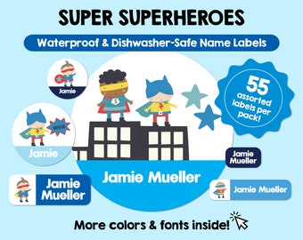 Etiquetas impermeables de superhéroes, etiquetas personalizadas con nombres de niños, etiquetas escolares personalizadas aptas para lavavajillas, pegatinas con nombres bonitos para guardería