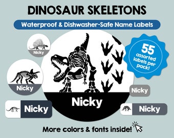 Etiquetas impermeables de esqueletos de dinosaurios, etiquetas personalizadas con nombres de niños, etiquetas personalizadas aptas para lavavajillas, etiquetas adhesivas con nombres bonitos