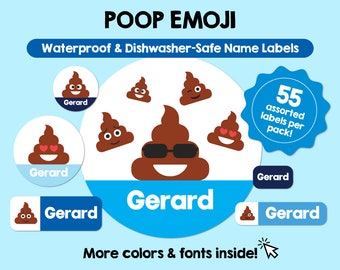 Poop Emoji Etiquetas impermeables aptas para lavavajillas Etiquetas personalizadas Etiquetas de nombres para niños Etiquetas escolares personalizadas aptas para lavavajillas Pegatinas con nombres lindos