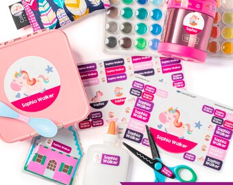 Unicornio Etiquetas impermeables aptas para lavavajillas Etiqueta personalizada Etiquetas de nombre para niños Etiquetas personalizadas aptas para lavavajillas Pegatinas con nombres lindos Hada de guardería