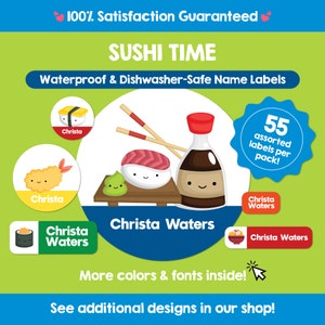 Sushi Waterproof Dishwasher Safe Labels Custom Labels Kid Name Labels Dishwasher-Safe Personalized Labels Cute Name Stickers Daycare Labels