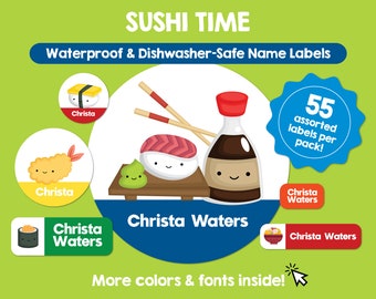 Etiquetas personalizadas para sushi, a prueba de agua, aptas para lavavajillas, etiquetas personalizadas, etiquetas con nombres de niños, etiquetas personalizadas aptas para lavavajillas, pegatinas con nombres bonitos, etiquetas para guardería