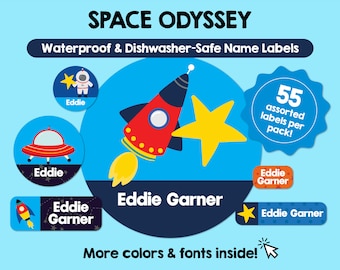 Etiquetas espaciales impermeables aptas para lavavajillas, etiquetas personalizadas, etiquetas de nombre para niños, etiquetas escolares personalizadas aptas para lavavajillas, pegatinas con nombres bonitos