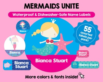 Etiquetas impermeables de sirena, etiquetas personalizadas con nombre de niño, etiquetas personalizadas aptas para lavavajillas, pegatinas con nombre bonito, guardería escolar