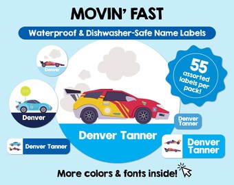 Coches deportivos Etiquetas impermeables aptas para lavavajillas Etiquetas personalizadas Etiquetas de nombres para niños Etiquetas escolares personalizadas aptas para lavavajillas Etiquetas con nombres bonitos