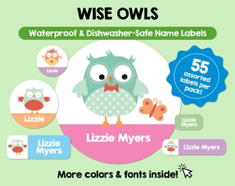 Búho Etiquetas impermeables aptas para lavavajillas Etiquetas personalizadas Etiquetas de nombre para niños Etiquetas escolares personalizadas aptas para lavavajillas Pegatinas con nombres lindos Guardería