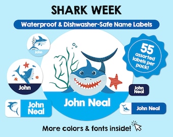 Tiburón Etiquetas impermeables aptas para lavavajillas Etiquetas personalizadas Etiquetas de nombre para niños Etiquetas personalizadas aptas para lavavajillas Etiquetas lindas con nombres Guardería escolar