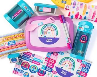Etiqueta de caja Rainbow Bento Útiles escolares Etiquetas de almuerzo Etiquetas impermeables aptas para lavavajillas Pegatinas personalizadas Etiquetas de nombre de niño Etiquetas personalizadas