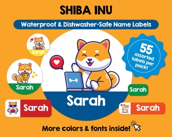 Etiquetas impermeables Shiba Inu, etiquetas personalizadas con nombre de niño, etiquetas personalizadas aptas para lavavajillas, pegatinas con nombres bonitos, etiquetas para guardería