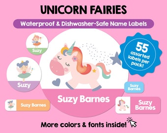 Unicornios Hadas Etiquetas impermeables aptas para lavavajillas Etiquetas personalizadas Etiquetas de nombres para niños Etiquetas personalizadas aptas para lavavajillas Etiquetas lindas con nombres