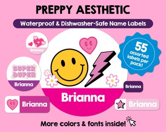 Etiquetas impermeables de estética preppy, Etiquetas personalizadas, Etiquetas con nombre para niños, Etiquetas escolares personalizadas aptas para lavavajillas, Bonitas pegatinas con nombre para guardería